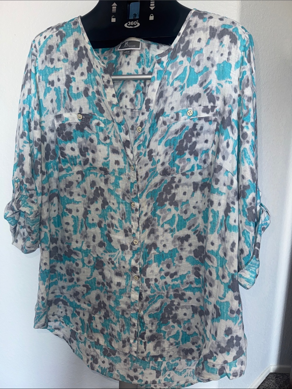 JM Collection Teal and Gray Button-Front Women's Blouse